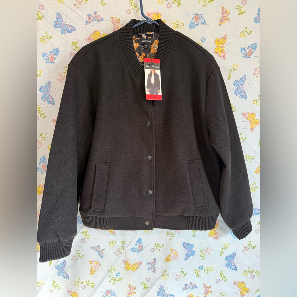 Well Worn Women’s Black Bomber Jacket Floral Lined  M NWT